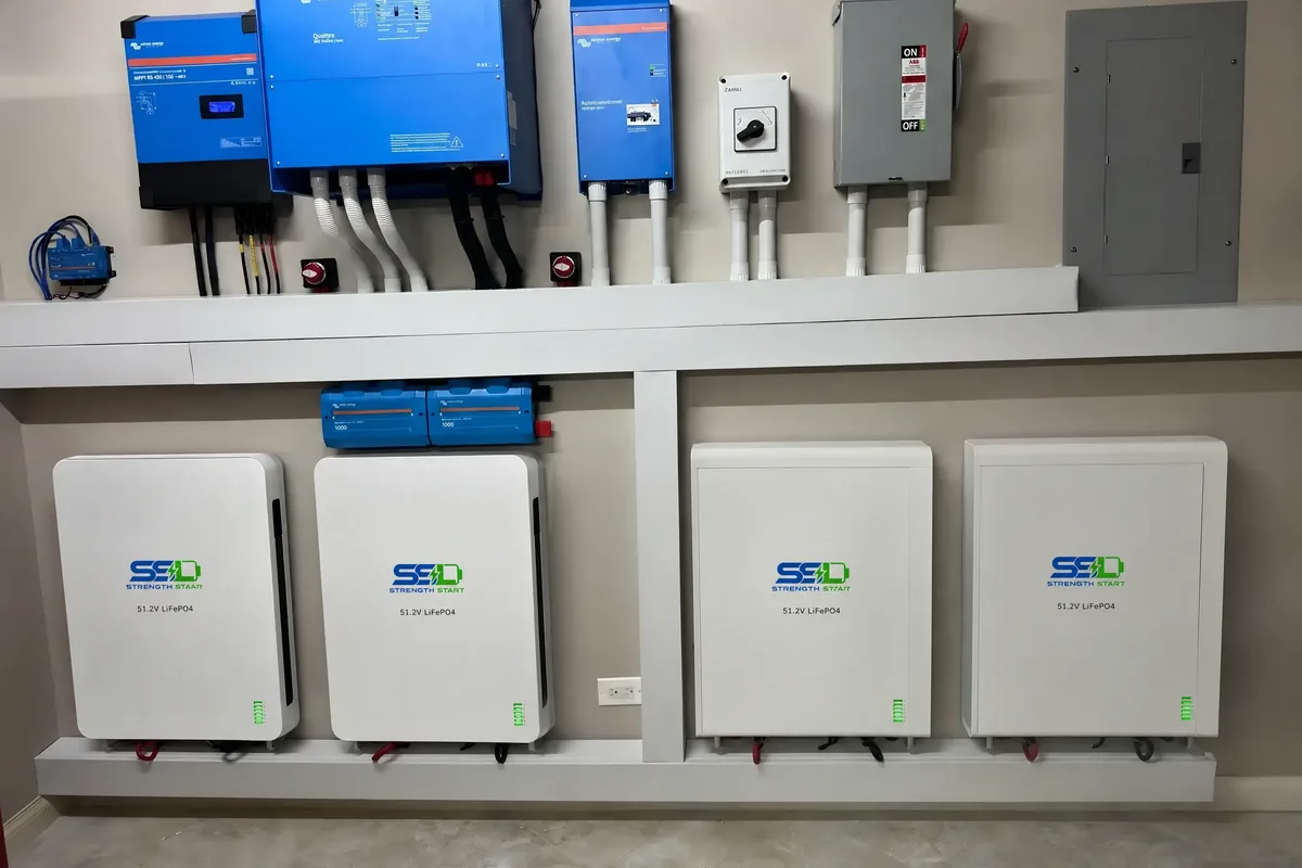 Four 51.2 V LiFePO4 home ESS batteries wall-mounted beside inverters for whole-home backup