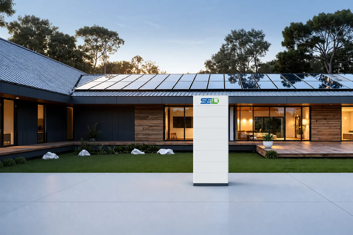 SSL LiFePO4 home ESS cabinet in front of a solar-roofed house for solar self-consumption
